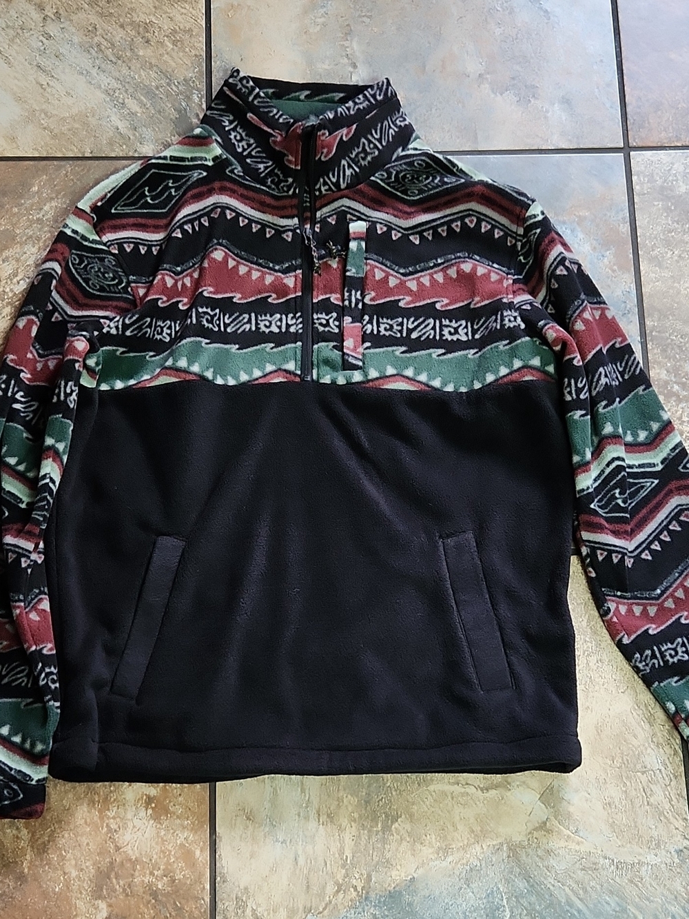Billabong Black Fleece Zip-Up Sweater with Red & Green Pattern